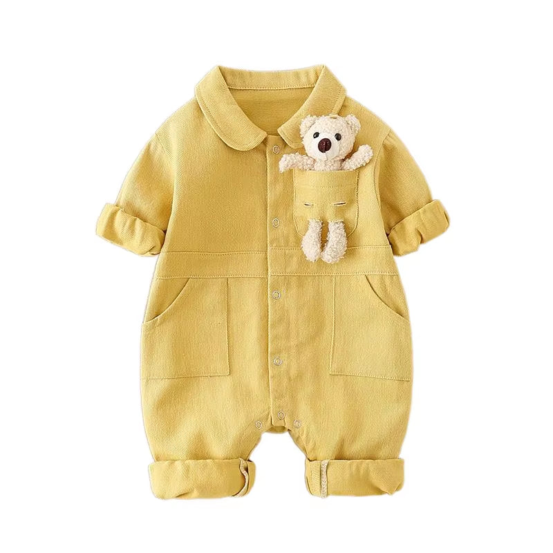 BearBuddy Denim – Spring Cartoon Pocket Romper for Babies