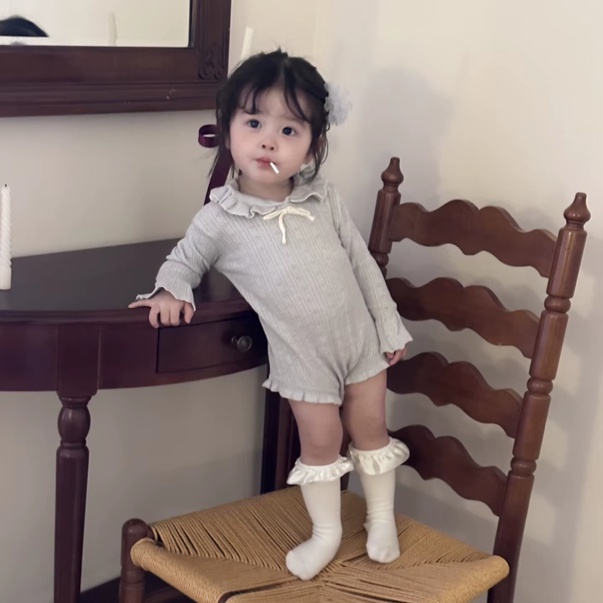 LilyLuxe™ Knitted Baby Girl Jumpsuit – Elegant Lotus Collar Sweater Romper for Spring & Autumn