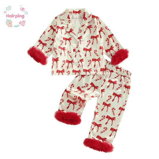 Toddler Girls Christmas Pajamas Sets, Candy Cane and Bow Pattern Feather Edge Lapel Long Sleeve Tops Elastic Waist Pants