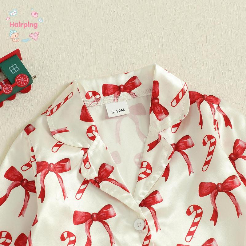 Toddler Girls Christmas Pajamas Sets, Candy Cane and Bow Pattern Feather Edge Lapel Long Sleeve Tops Elastic Waist Pants