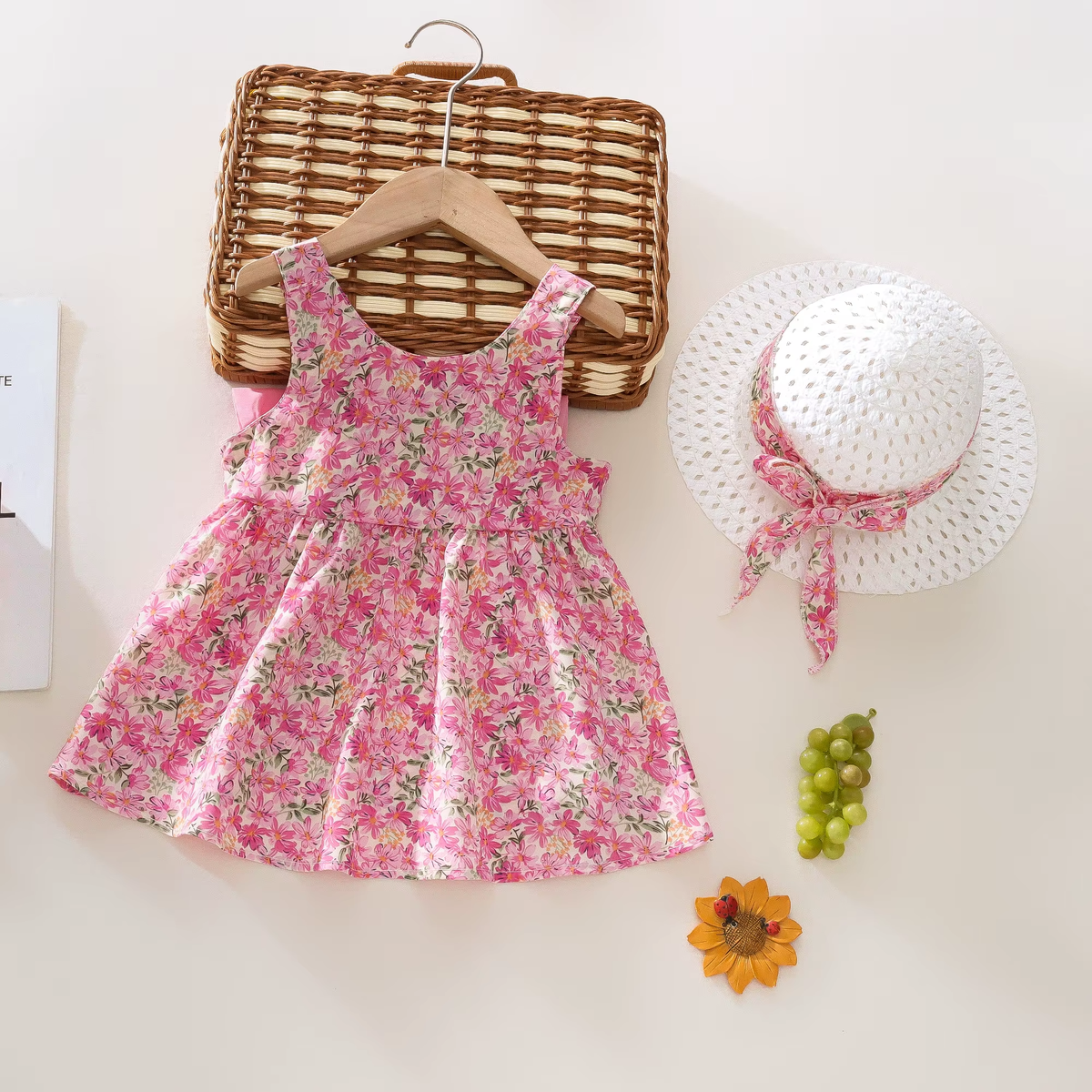 Summer 2-Piece Baby Dress+Sun Hat Bow Strap Floral Baby Girl Dress Soft and Comfortable Children'S Clothing