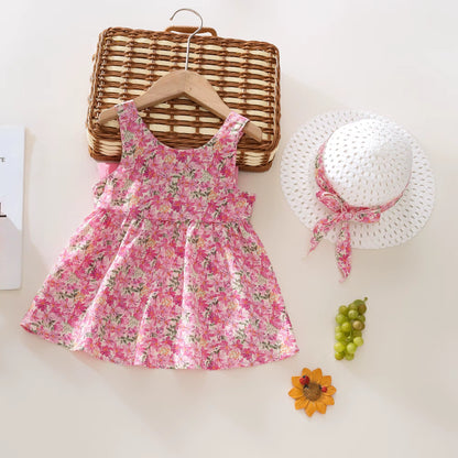 Summer 2-Piece Baby Dress+Sun Hat Bow Strap Floral Baby Girl Dress Soft and Comfortable Children'S Clothing