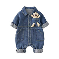 BearBuddy Denim – Spring Cartoon Pocket Romper for Babies