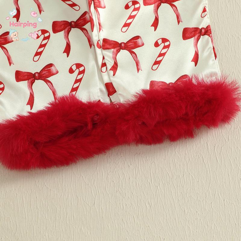 Toddler Girls Christmas Pajamas Sets, Candy Cane and Bow Pattern Feather Edge Lapel Long Sleeve Tops Elastic Waist Pants