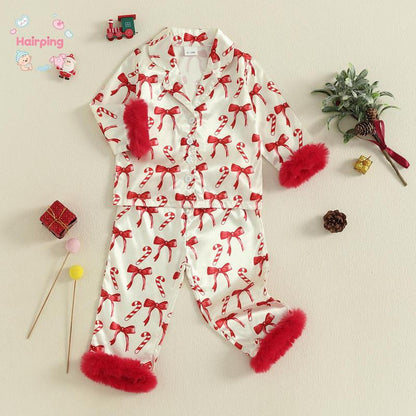 Toddler Girls Christmas Pajamas Sets, Candy Cane and Bow Pattern Feather Edge Lapel Long Sleeve Tops Elastic Waist Pants