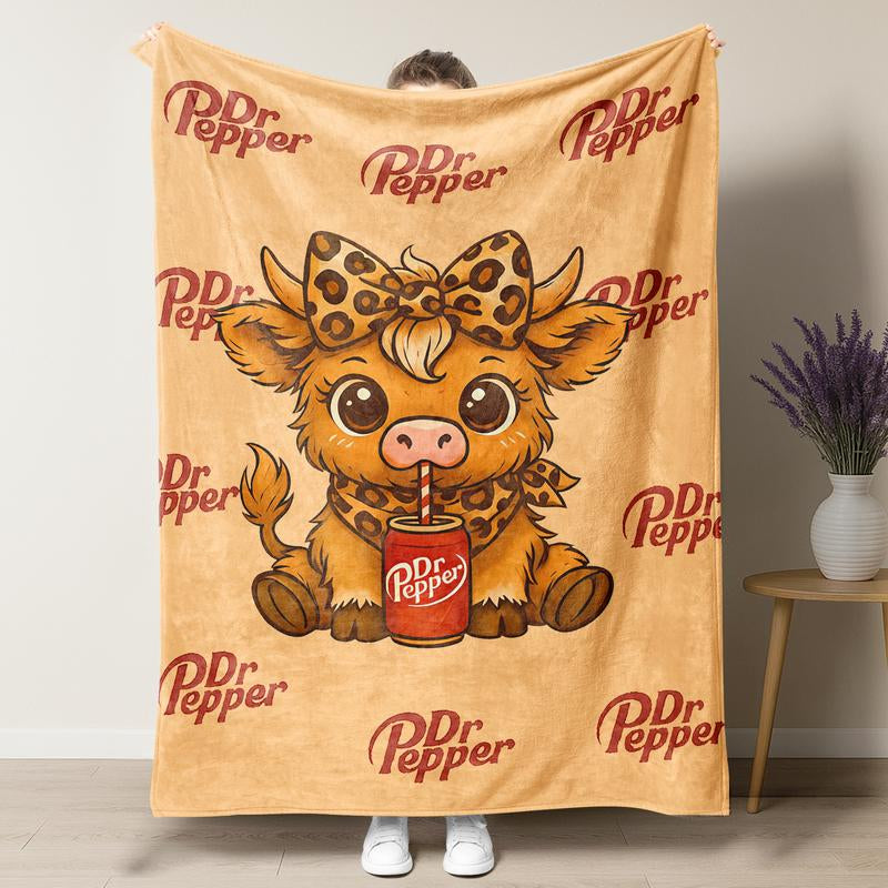 Cartoon Cute Highland Cow Pattern Blanket, Dr Pepper Soft Warm Throw Blanket, Air-Conditioned Room Blanket, Warm Nap Blanket for Home Office Travel Camping,Best Christmas Gifts