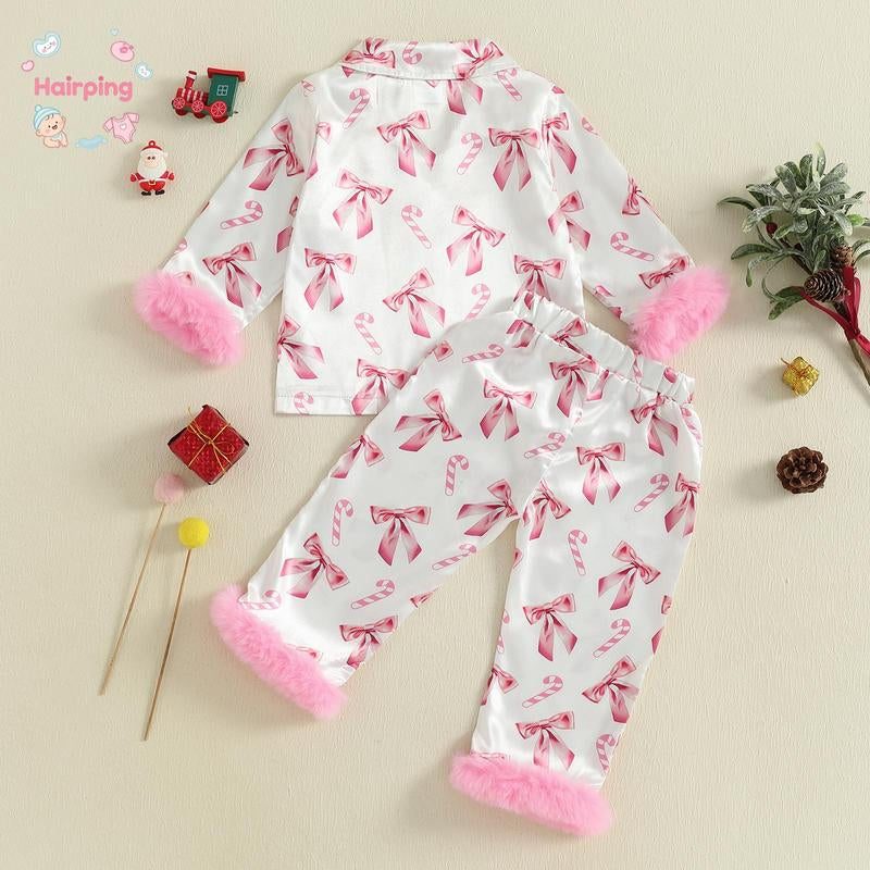 Toddler Girls Christmas Pajamas Sets, Candy Cane and Bow Pattern Feather Edge Lapel Long Sleeve Tops Elastic Waist Pants