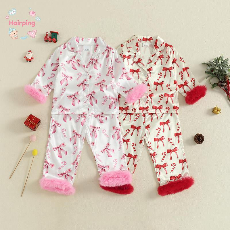 Toddler Girls Christmas Pajamas Sets, Candy Cane and Bow Pattern Feather Edge Lapel Long Sleeve Tops Elastic Waist Pants