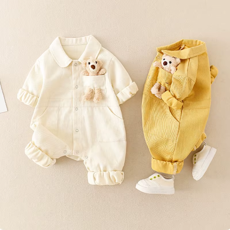 BearBuddy Denim – Spring Cartoon Pocket Romper for Babies